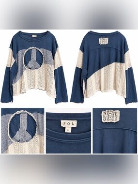 ✌️ 💙POL Mixed Media Peace Sign Patchwork Top — Size L